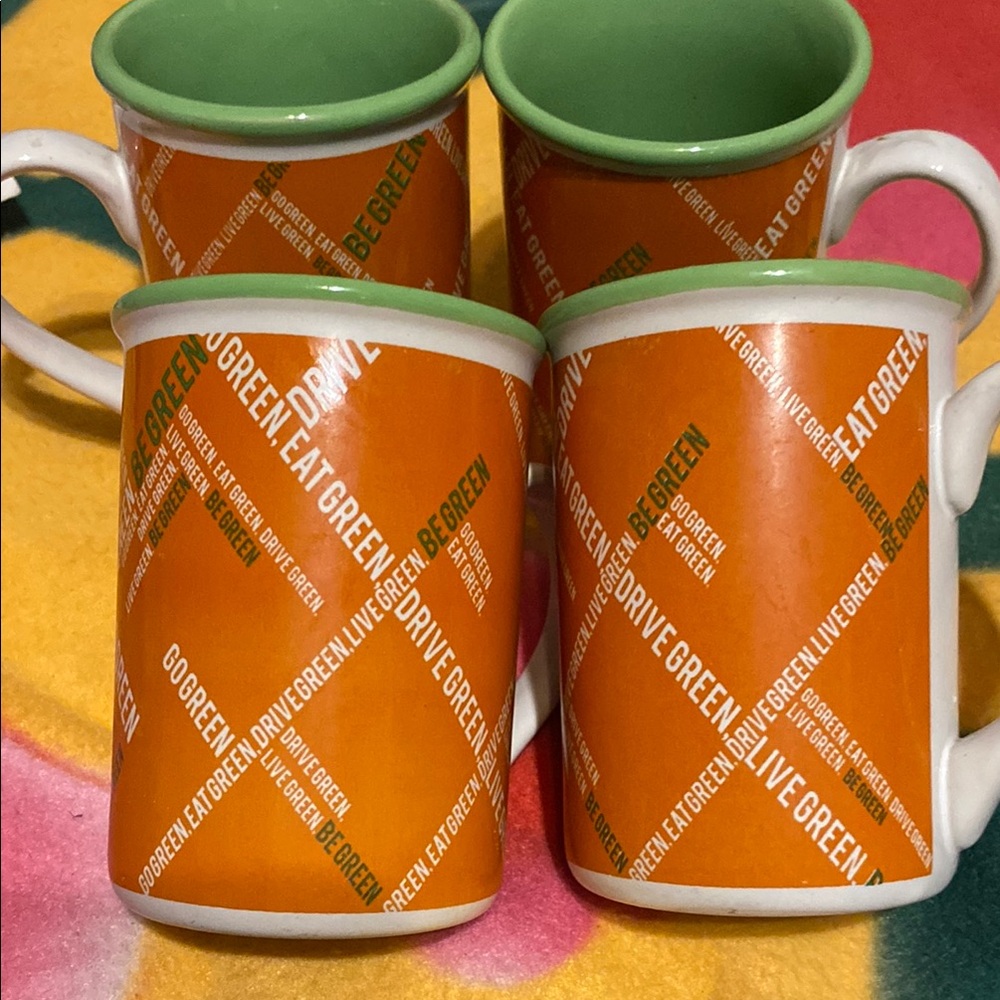 Set Of 4 Gibson Enamel Cups/Mugs Featuring Eco-Friendly Phrases. 12 oz.